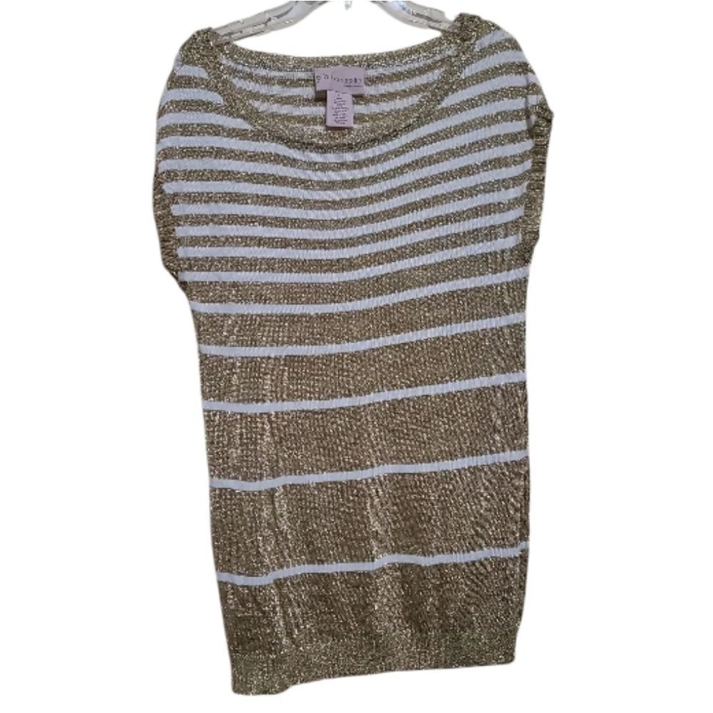 Philosophy by Republic Bateau Neck Gold and White Striped Tunic Size Large